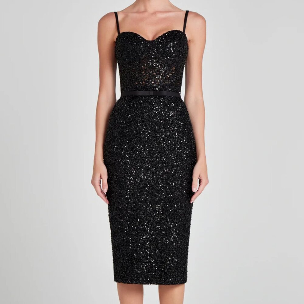 NADINE MERABI Black Sequin Sweetheart Midi Dress